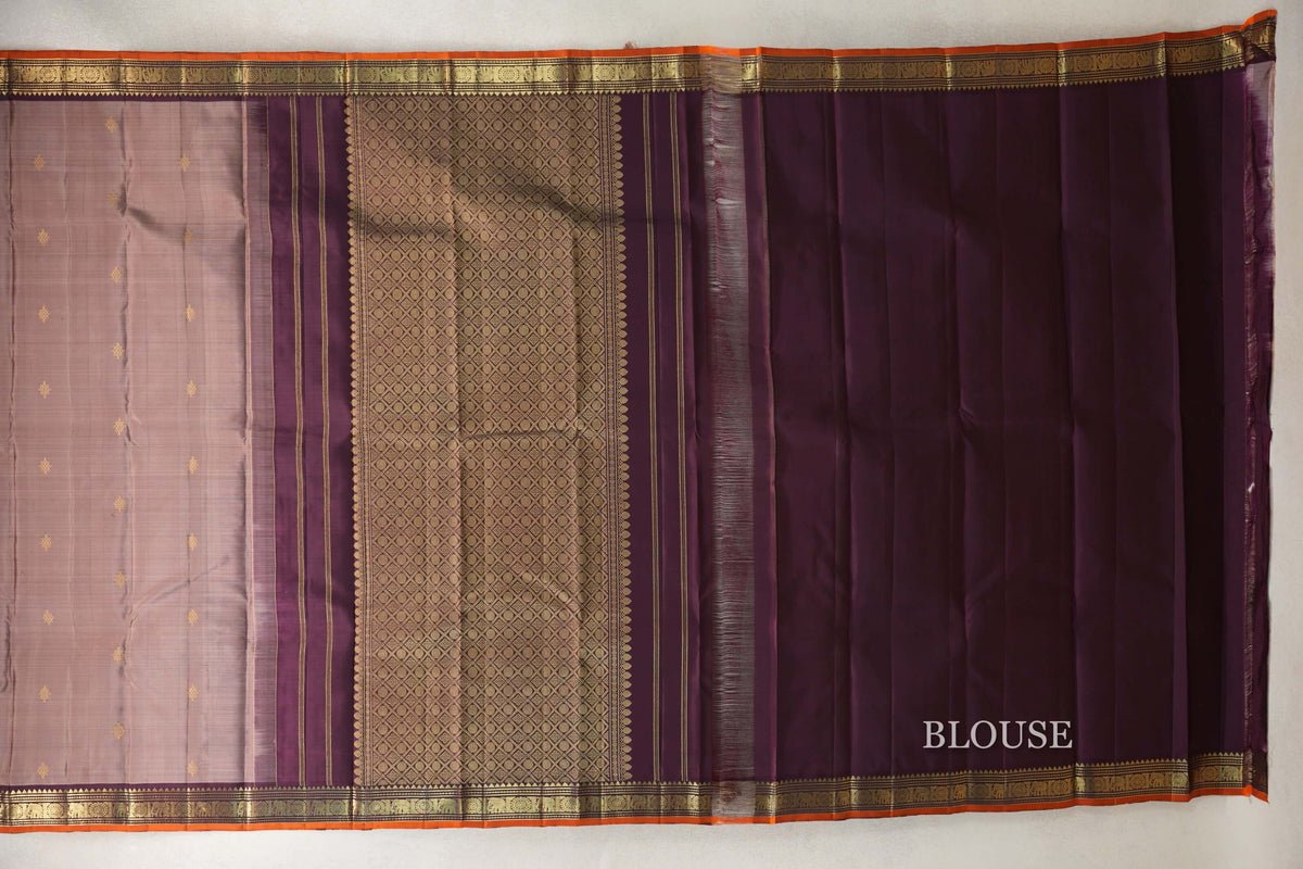 Light Chocolate Brown with Deep Plum Borders and Bright Orange Selvedge Vintage Kanjivaram Silk Saree blouse