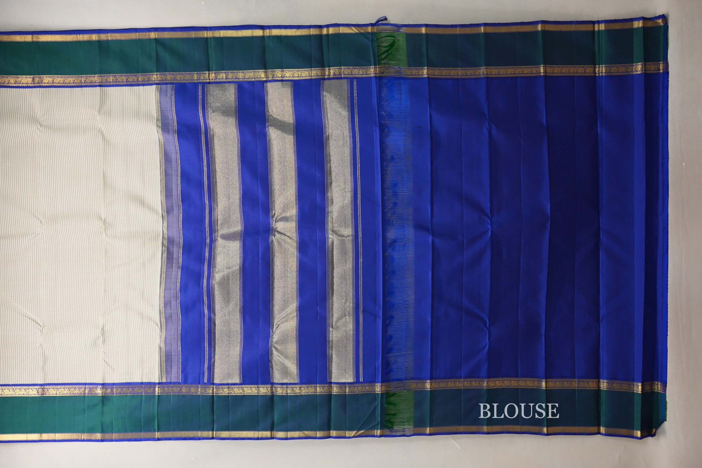 Cream with Olive Green Checks with Deep Blue and Peacock Green Borders Vintage Kanjivaram Silk Saree by Shreenivas Silks PSSR019067 - Parisera