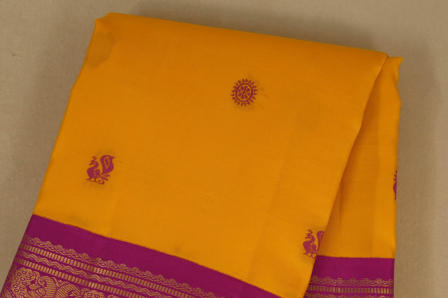Yellow with Rani Pink Borders Vintage Kanjivaram Silk Saree by Shreenivas Silks PSSR018050 - Parisera