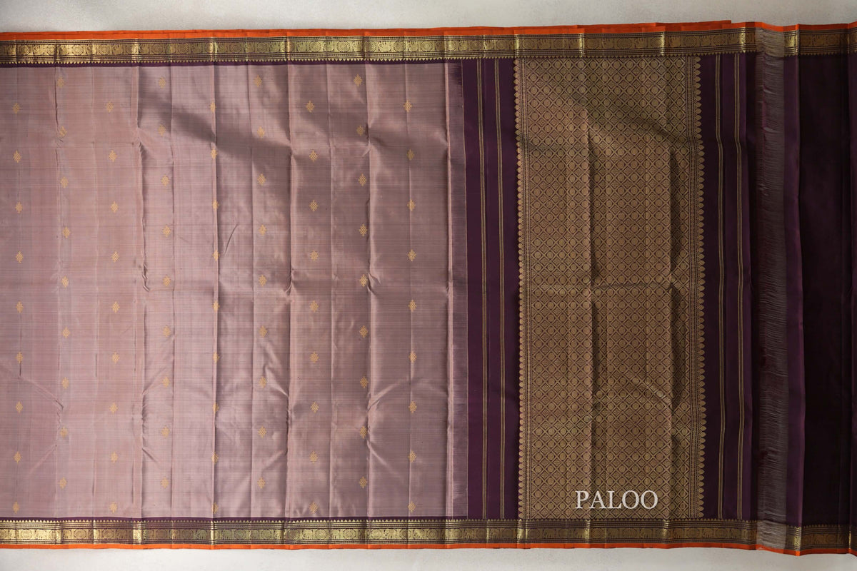 Light Chocolate Brown with Deep Plum Borders and Bright Orange Selvedge Vintage Kanjivaram Silk Saree paloo