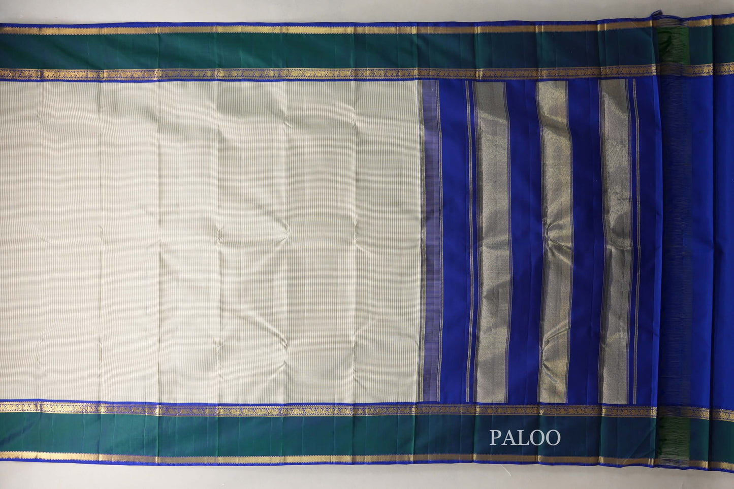 Cream with Olive Green Checks with Deep Blue and Peacock Green Borders Vintage Kanjivaram Silk Saree by Shreenivas Silks PSSR019067 - Parisera