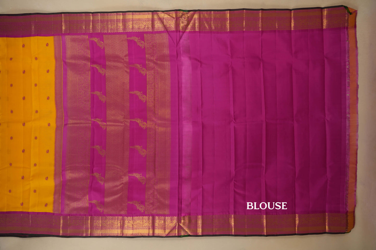 Yellow with Rani Pink Borders Vintage Kanjivaram Silk Saree by Shreenivas Silks PSSR018050 - Parisera