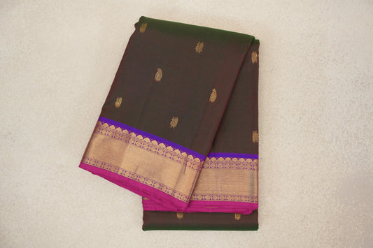 Dual Tone of Dark Green and Pink with Violet Purple Borders and Bright Pink Selvedge Vintage Kanjivaram Silk Saree by Shreenivas Silks PSSR0110197