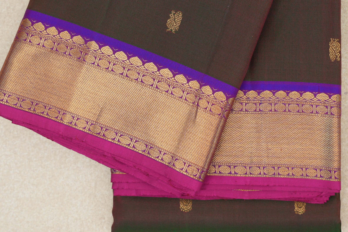 Dual Tone of Dark Green and Pink with Violet Purple Borders and Bright Pink Selvedge Vintage Kanjivaram Silk Saree by Shreenivas Silks PSSR0110197