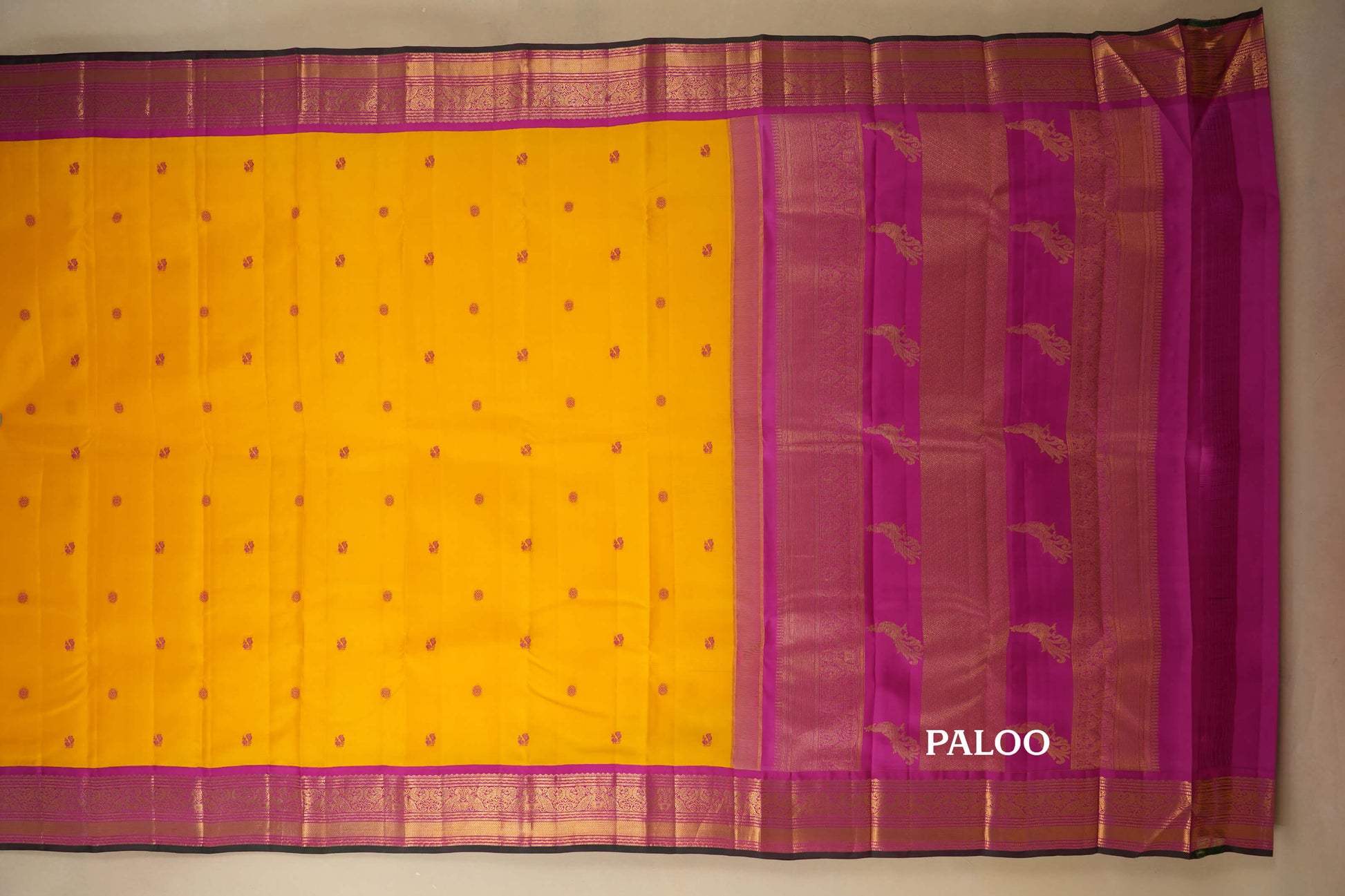Yellow with Rani Pink Borders Vintage Kanjivaram Silk Saree by Shreenivas Silks PSSR018050 - Parisera