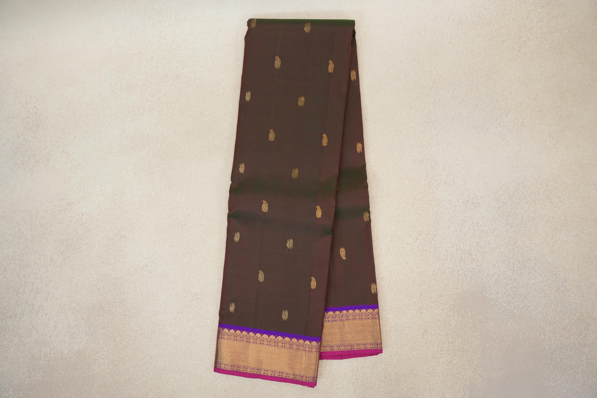 Dual Tone of Dark Green and Pink with Violet Purple Borders and Bright Pink Selvedge Vintage Kanjivaram Silk Saree by Shreenivas Silks PSSR0110197