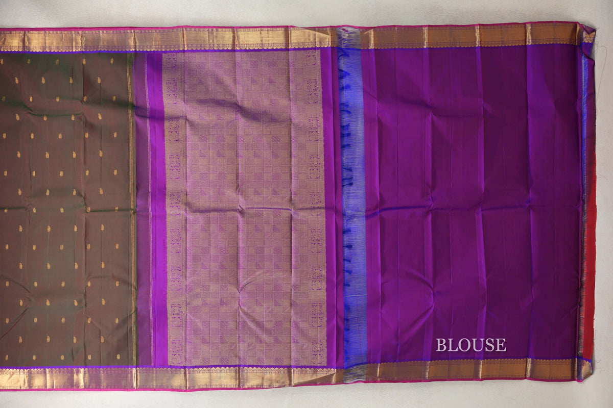 Dual Tone of Dark Green and Pink with Violet Purple Borders and Bright Pink Selvedge Vintage Kanjivaram Silk Saree by Shreenivas Silks PSSR0110197