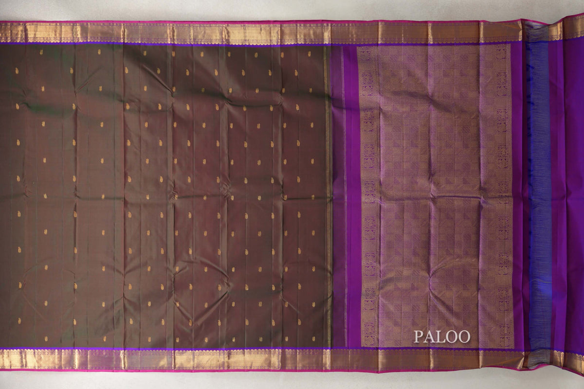 Dual Tone of Dark Green and Pink with Violet Purple Borders and Bright Pink Selvedge Vintage Kanjivaram Silk Saree by Shreenivas Silks PSSR0110197