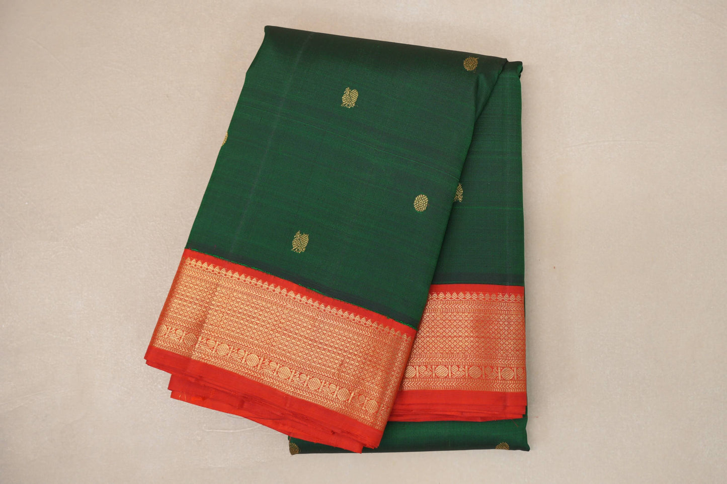 Bottle Green with Orangish Red Borders Vintage Kanjivaram Silk Saree by Shreenivas Silks PSSR019069