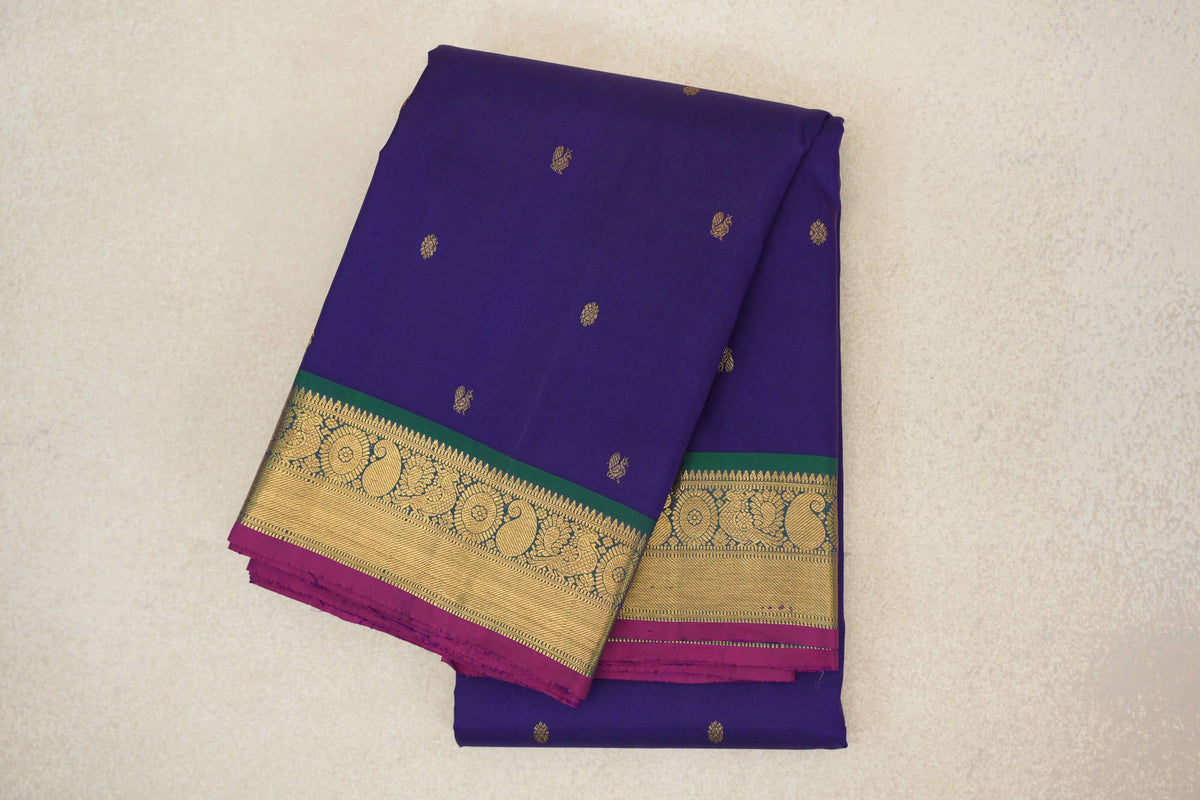 Violet with Peacock Green Borders and Deep Magenta Selvedge Vintage Kanjivaram Silk Saree by Shreenivas Silks PSSR0110198