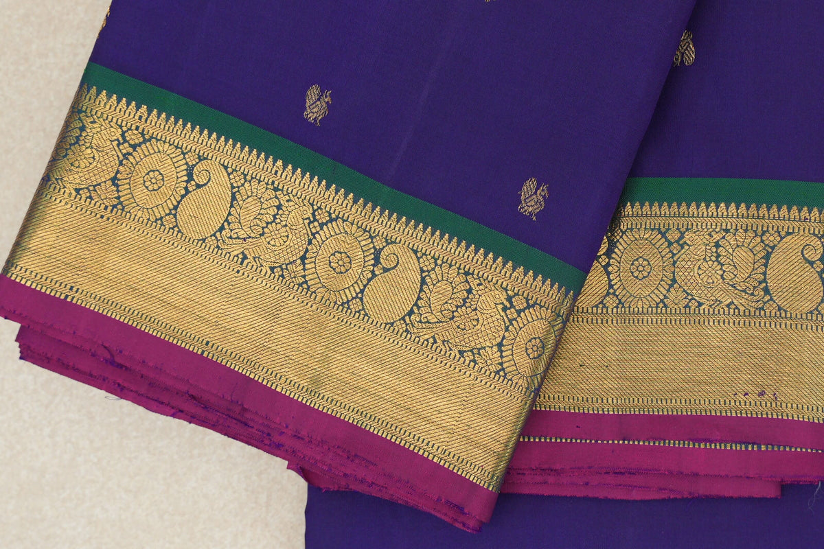 Violet with Peacock Green Borders and Deep Magenta Selvedge Vintage Kanjivaram Silk Saree by Shreenivas Silks PSSR0110198