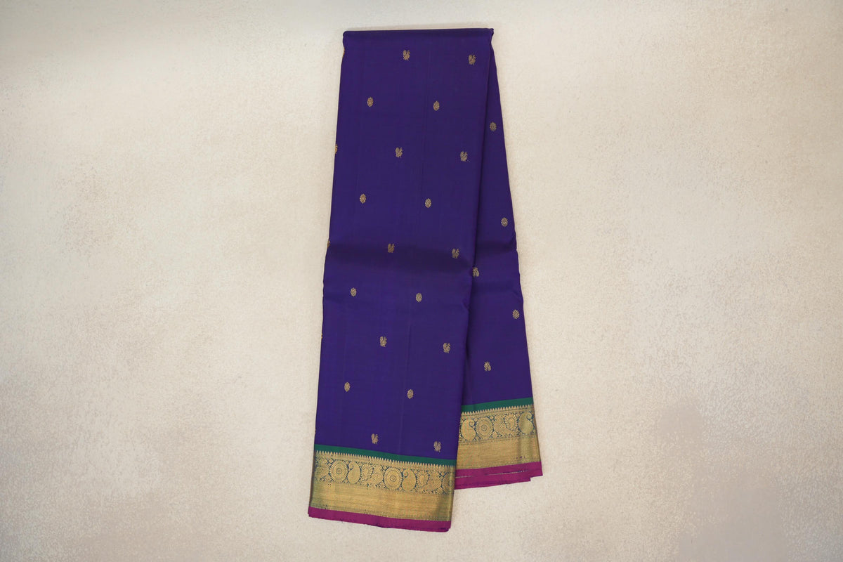 Violet with Peacock Green Borders and Deep Magenta Selvedge Vintage Kanjivaram Silk Saree by Shreenivas Silks PSSR0110198