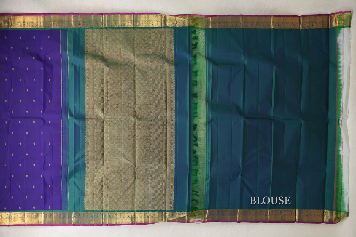 Violet with Peacock Green Borders and Deep Magenta Selvedge Vintage Kanjivaram Silk Saree by Shreenivas Silks PSSR0110198