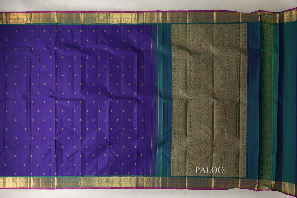 Violet with Peacock Green Borders and Deep Magenta Selvedge Vintage Kanjivaram Silk Saree by Shreenivas Silks PSSR0110198