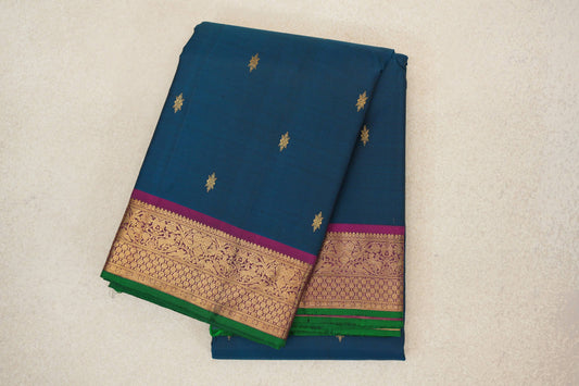 Teal Green with Deep Magenta Borders and Emerald Green Selvedge Vintage Kanjivaram Silk Saree by Shreenivas Silks PSSR0110199
