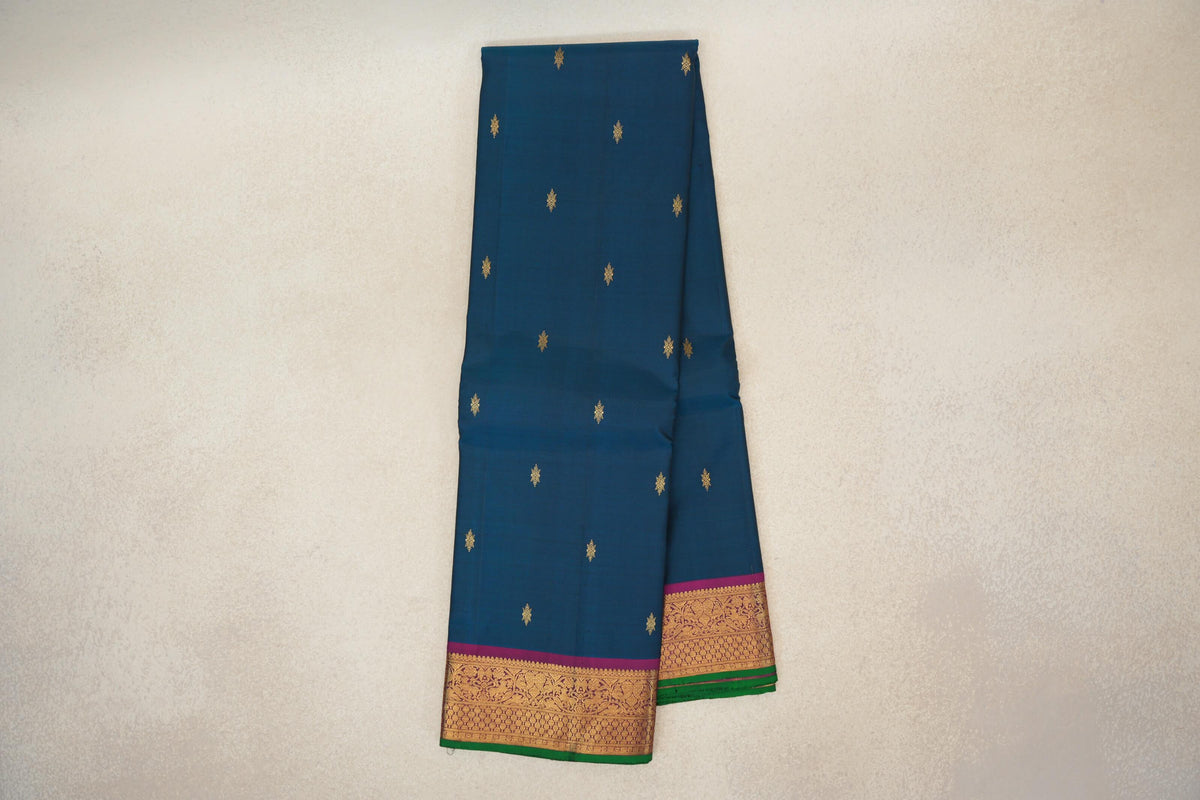 Teal Green with Deep Magenta Borders and Emerald Green Selvedge Vintage Kanjivaram Silk Saree by Shreenivas Silks PSSR0110199