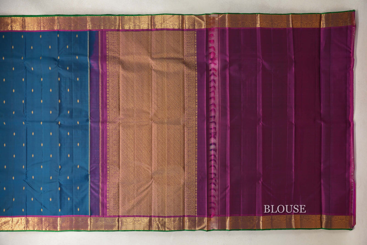 Teal Green with Deep Magenta Borders and Emerald Green Selvedge Vintage Kanjivaram Silk Saree by Shreenivas Silks PSSR0110199