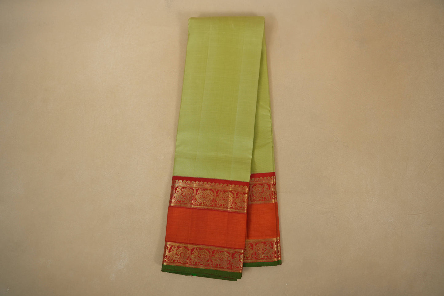 Pistha Green with Orange Borders Vintage Kanjivaram Silk Saree by Shreenivas Silks PSSR018049 - Parisera
