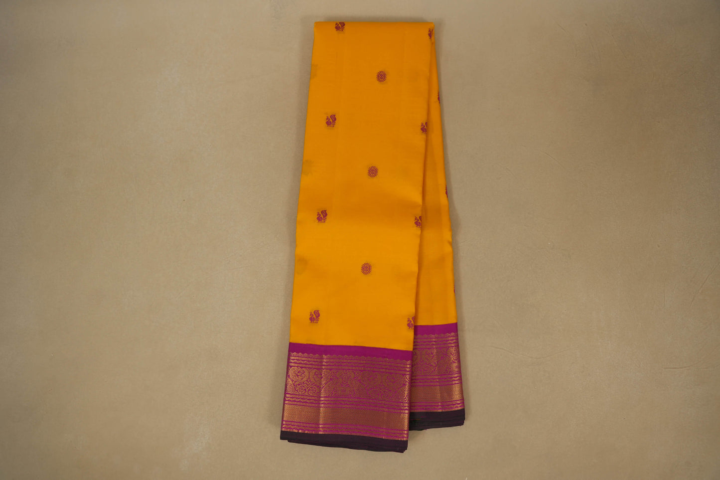 Yellow with Rani Pink Borders Vintage Kanjivaram Silk Saree by Shreenivas Silks PSSR018050 - Parisera