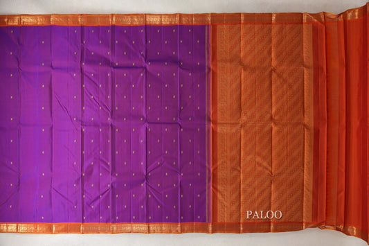 Dual Tone of Orange and Blue with Deep Orange Borders and Mustard Selvedge Vintage Kanjivaram Silk Saree paloo