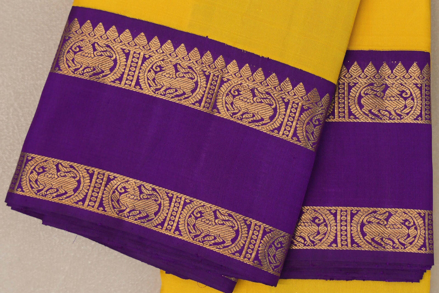 Bright Yellow with Purple Borders Vintage Kanjivaram Silk Saree by Shreenivas Silks PSSR019072