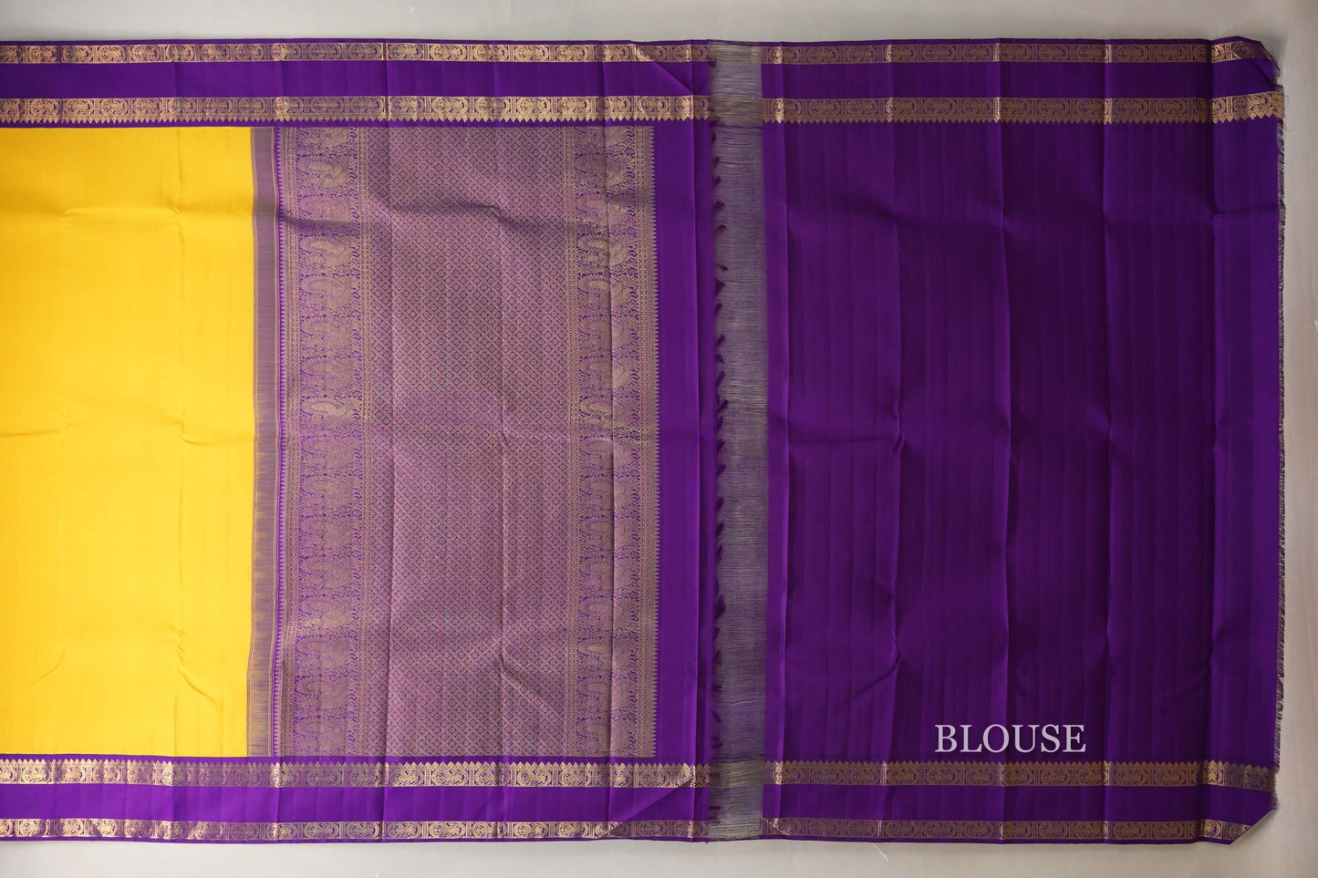 Bright Yellow with Purple Borders Vintage Kanjivaram Silk Saree by Shreenivas Silks PSSR019072