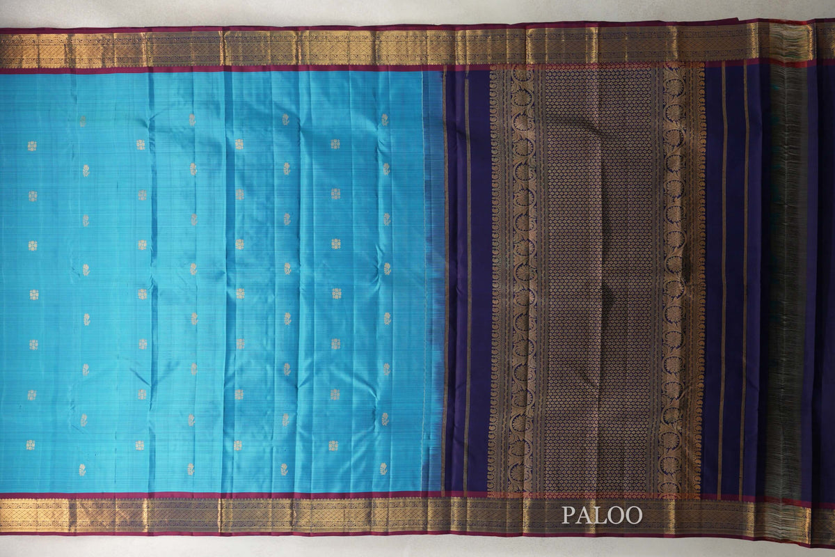 Baby Blue with Deep Maroon Borders Vintage Kanjivaram Silk Saree paloo