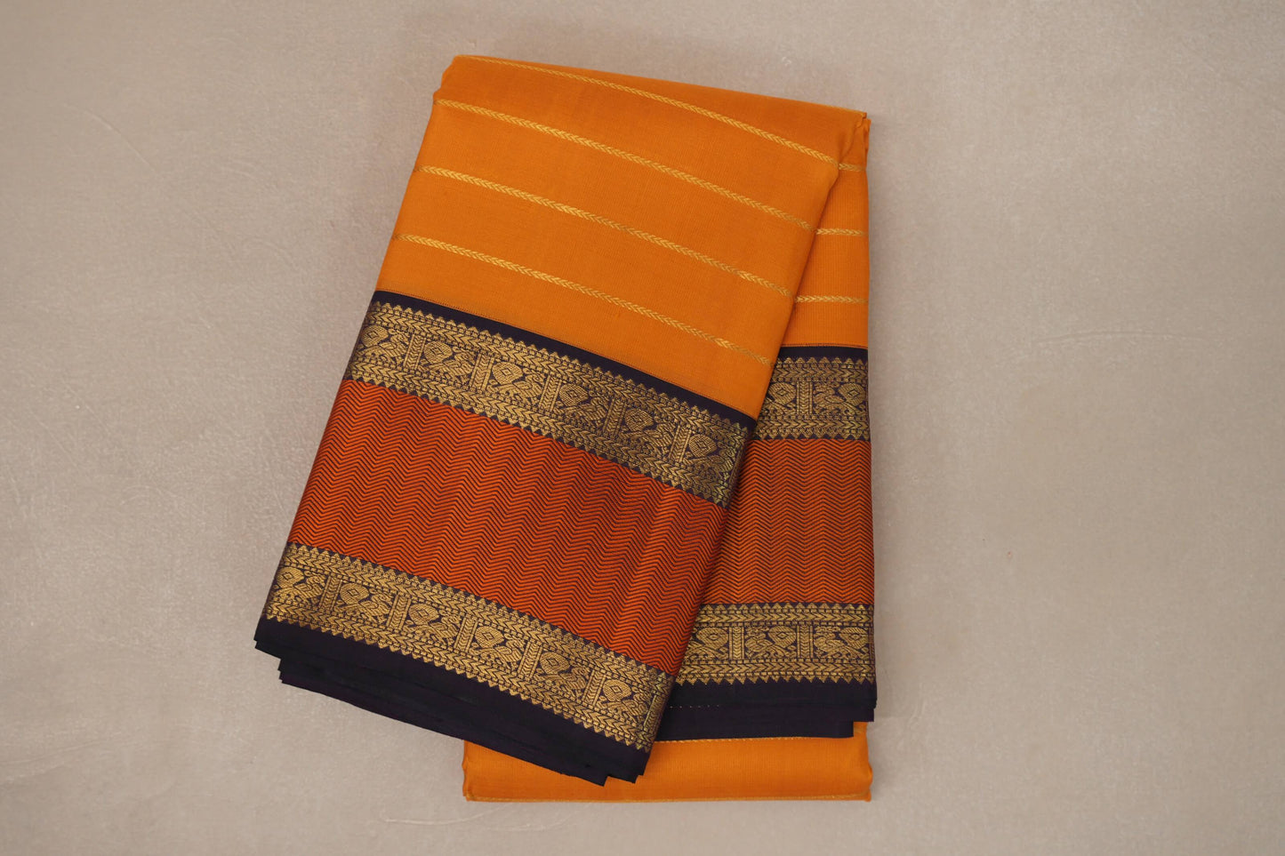 Bright Mango Orange with Deep Plum Borders Vintage Kanjivaram Silk Saree by Shreenivas Silks PSSR019074
