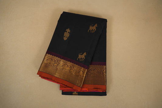 Deep Blue with Magenta Borders Vintage Kanjivaram Silk Saree by Shreenivas Silks PSSR018055 - Parisera