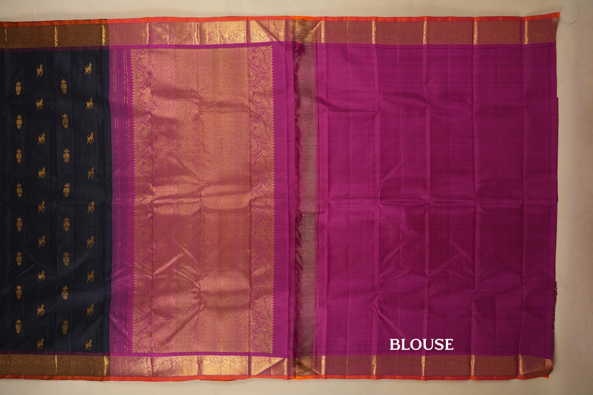 Deep Blue with Magenta Borders Vintage Kanjivaram Silk Saree by Shreenivas Silks PSSR018055 - Parisera
