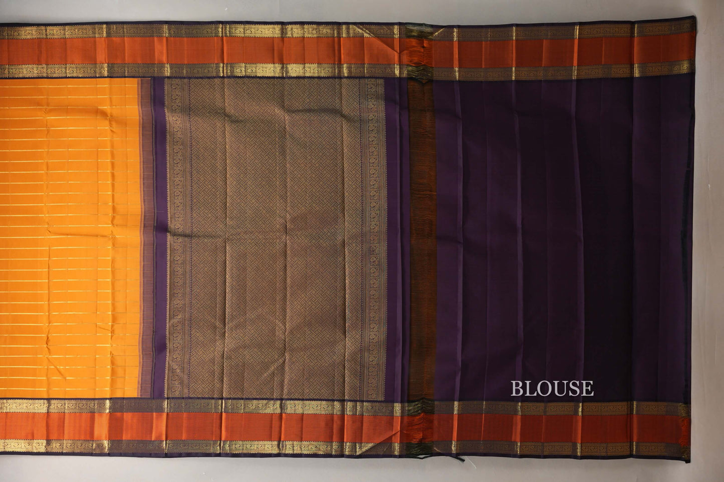 Bright Mango Orange with Deep Plum Borders Vintage Kanjivaram Silk Saree by Shreenivas Silks PSSR019074