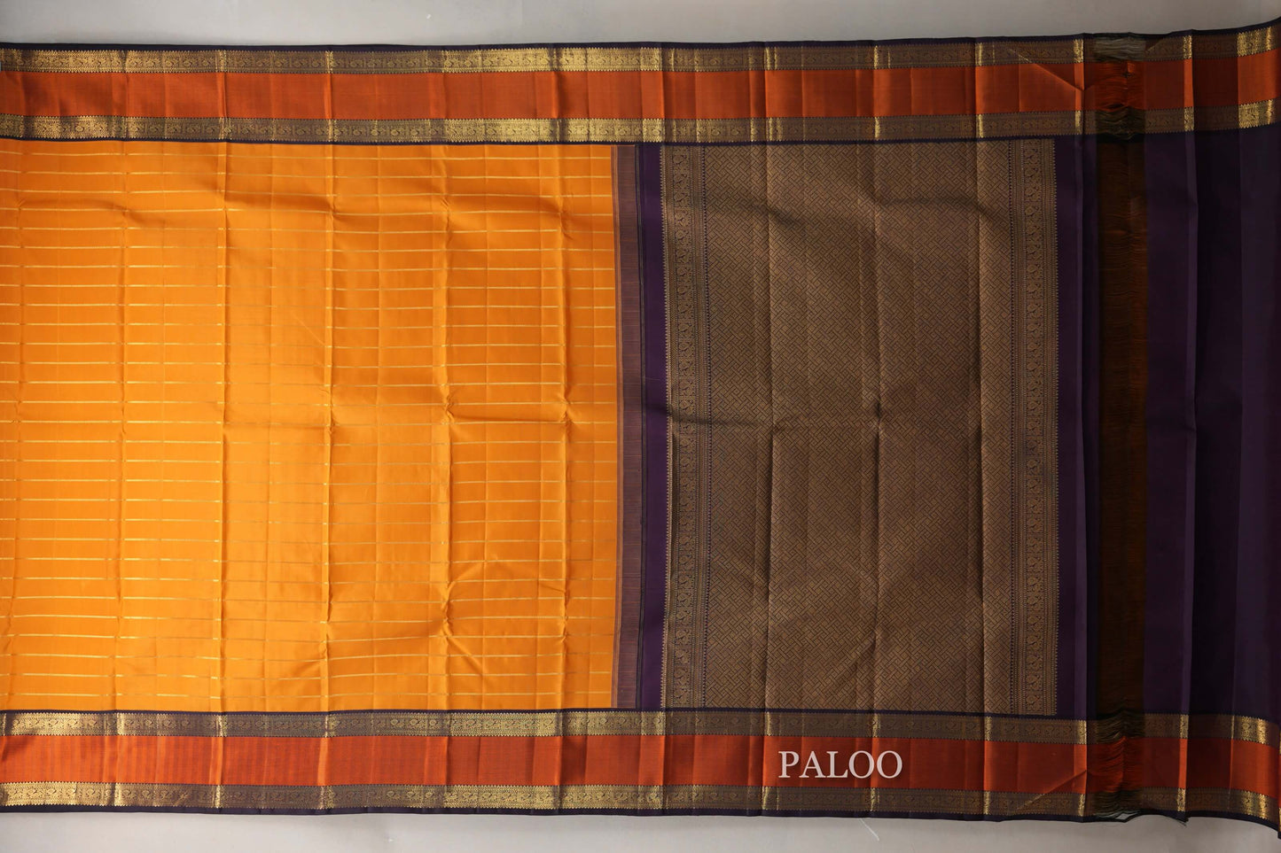 Bright Mango Orange with Deep Plum Borders Vintage Kanjivaram Silk Saree by Shreenivas Silks PSSR019074