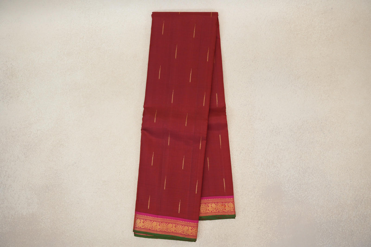 Brick Red with Pink Borders and Bottle Green Selvedge Vintage Kanjivaram Silk Saree PSSR0110205