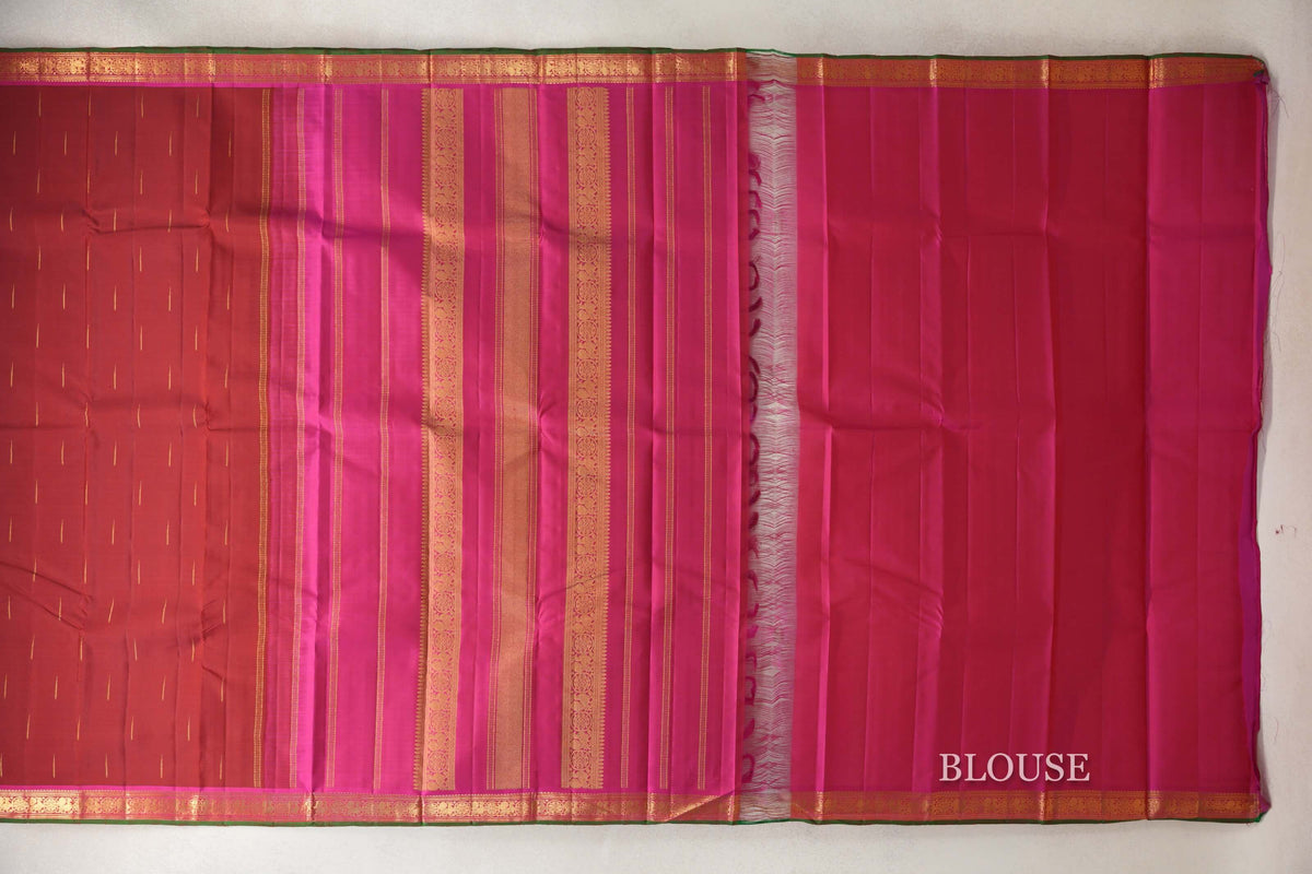 Brick Red with Pink Borders and Bottle Green Selvedge Vintage Kanjivaram Silk Saree PSSR0110205
