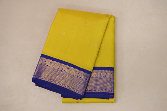 Mango Yellow with Deep Blue Borders Vintage Kanjivaram Silk Saree by Shreenivas Silks PSSR019077