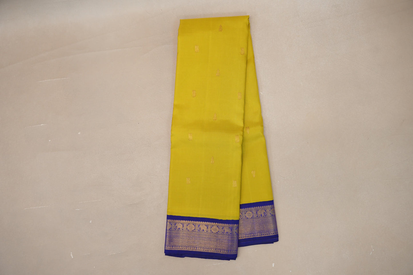 Mango Yellow with Deep Blue Borders Vintage Kanjivaram Silk Saree by Shreenivas Silks PSSR019077