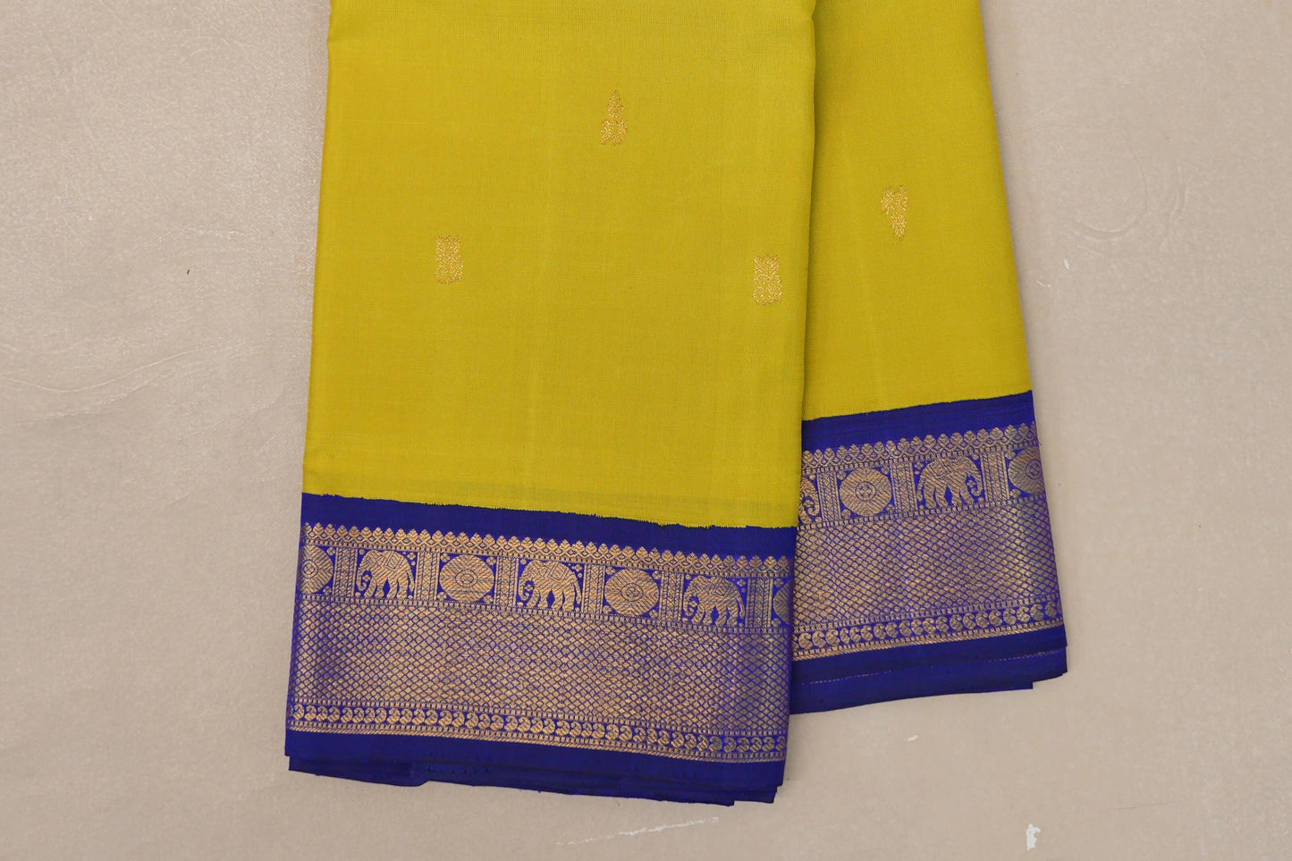 Mango Yellow with Deep Blue Borders Vintage Kanjivaram Silk Saree by Shreenivas Silks PSSR019077