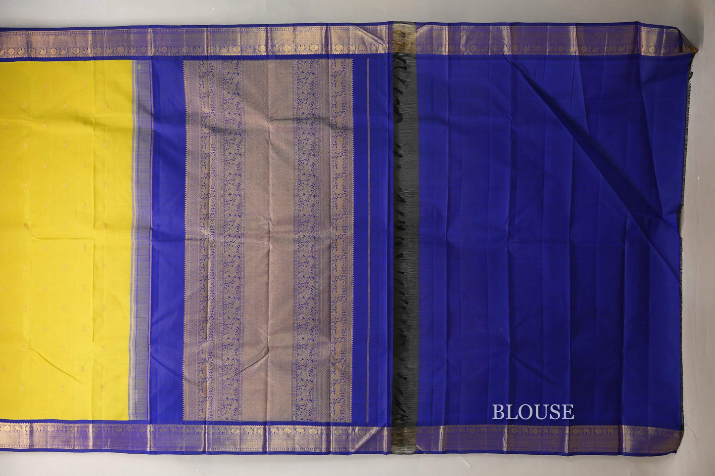 Mango Yellow with Deep Blue Borders Vintage Kanjivaram Silk Saree by Shreenivas Silks PSSR019077