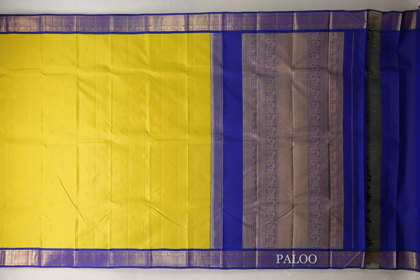 Mango Yellow with Deep Blue Borders Vintage Kanjivaram Silk Saree by Shreenivas Silks PSSR019077
