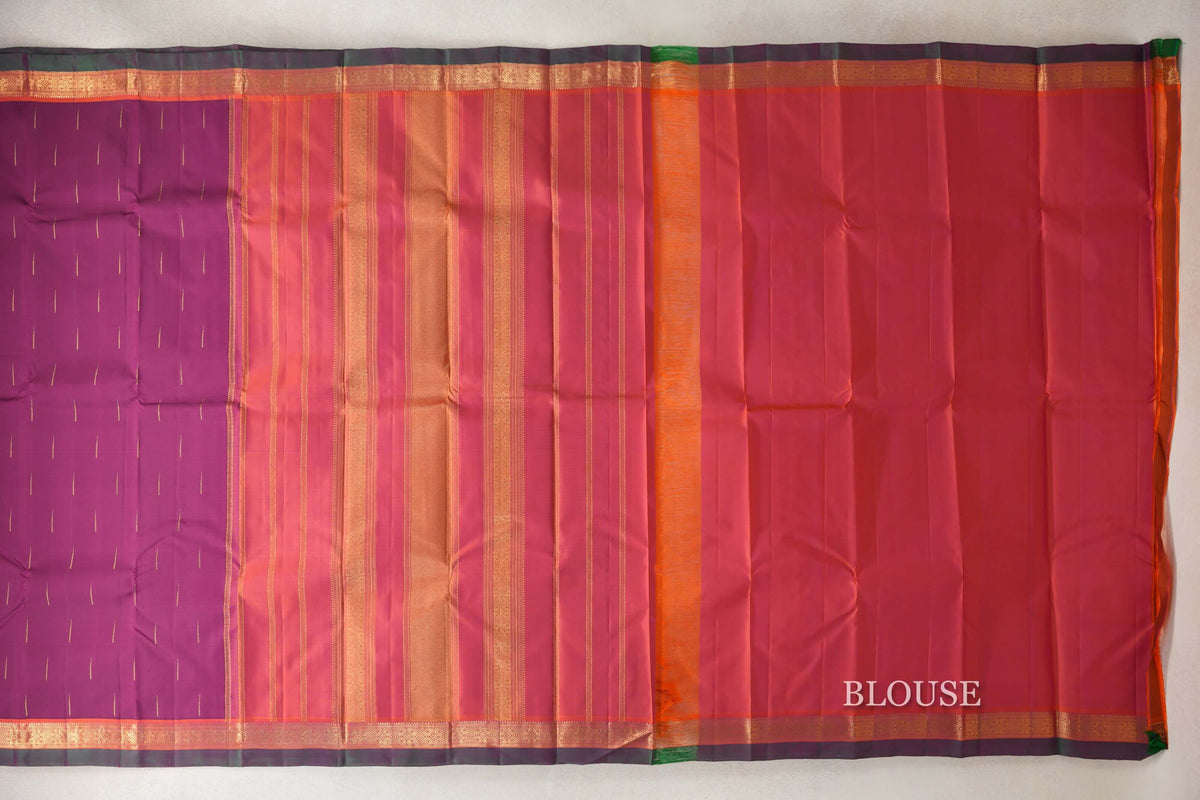 Deep Magenta with Deep Orange Borders and Deep Bottle Green Selvedge Vintage Kanjivaram Silk Saree blouse