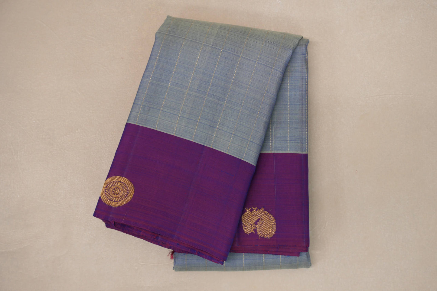 Dual Tone Silver Grey and Pastel Green with Dual Tone Pink and Blue Borders Plant Based Kanjivaram Silk Saree by Shreenivas Silks PSSR019078