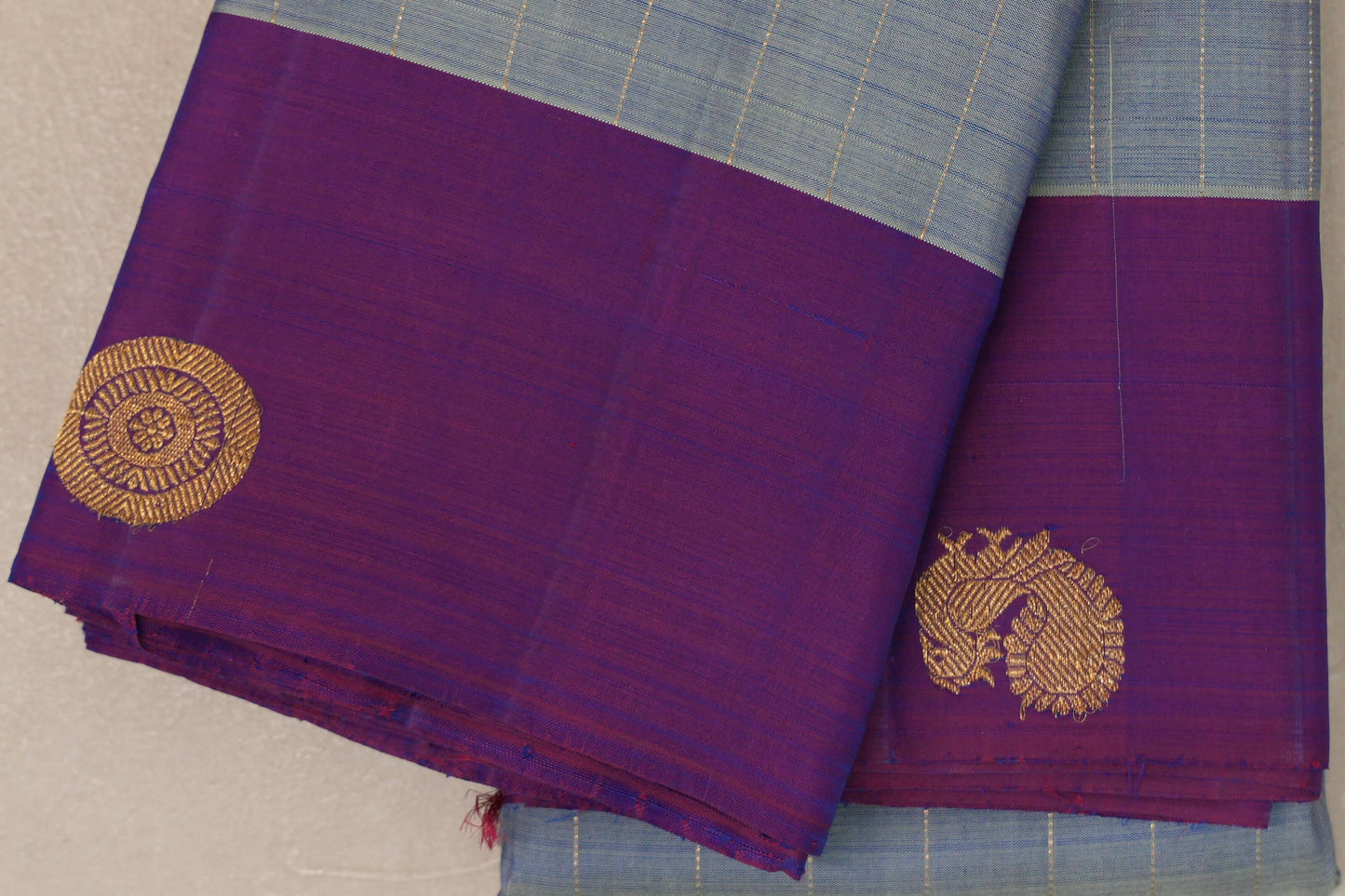 Dual Tone Silver Grey and Pastel Green with Dual Tone Pink and Blue Borders Plant Based Kanjivaram Silk Saree by Shreenivas Silks PSSR019078