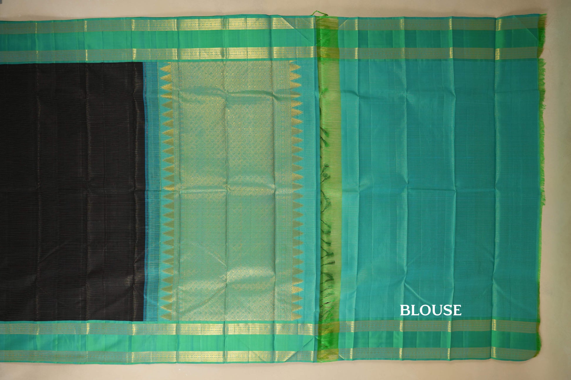 Black with Rexona Green Borders Vintage Kanjivaram Silk Saree by Shreenivas Silks PSSR018059 - Parisera