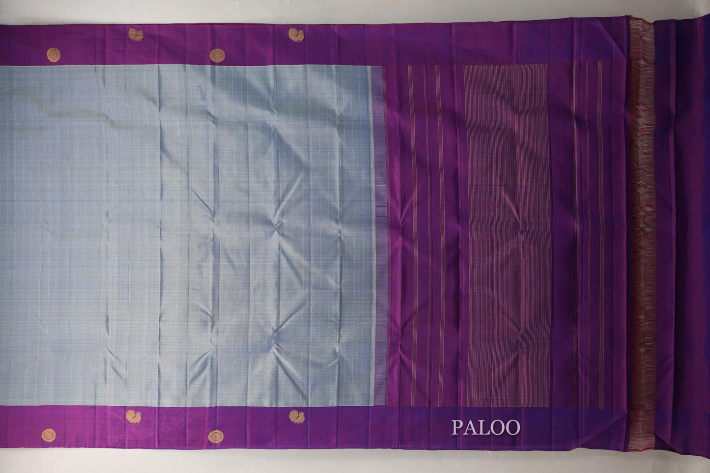 Dual Tone Silver Grey and Pastel Green with Dual Tone Pink and Blue Borders Plant Based Kanjivaram Silk Saree by Shreenivas Silks PSSR019078