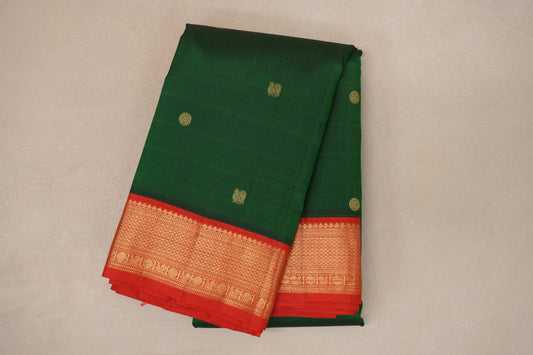Emerald Green with Bright Red Borders Vintage Kanjivaram Silk Saree by Shreenivas Silks PSSR019079