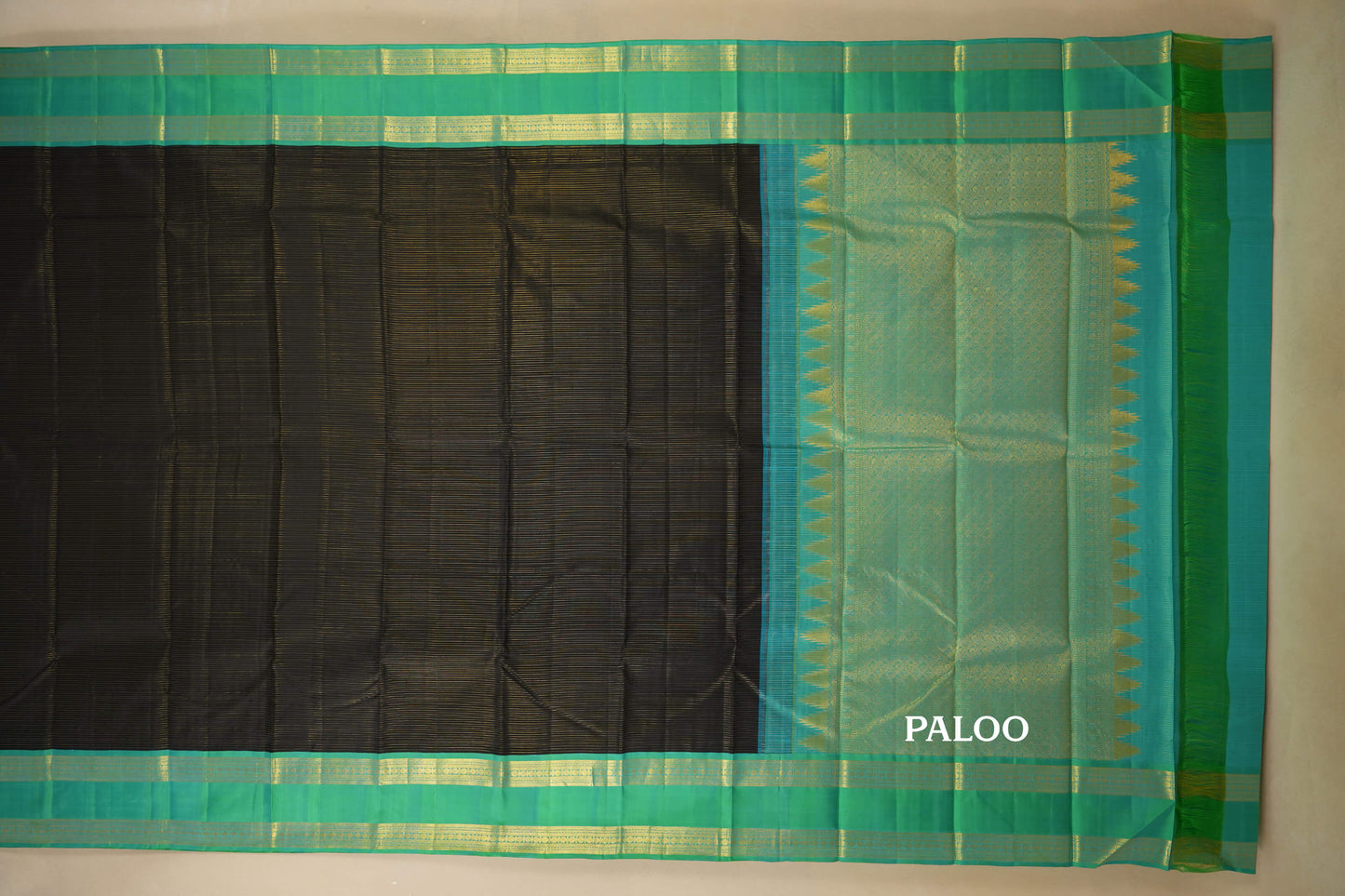 Black with Rexona Green Borders Vintage Kanjivaram Silk Saree by Shreenivas Silks PSSR018059 - Parisera