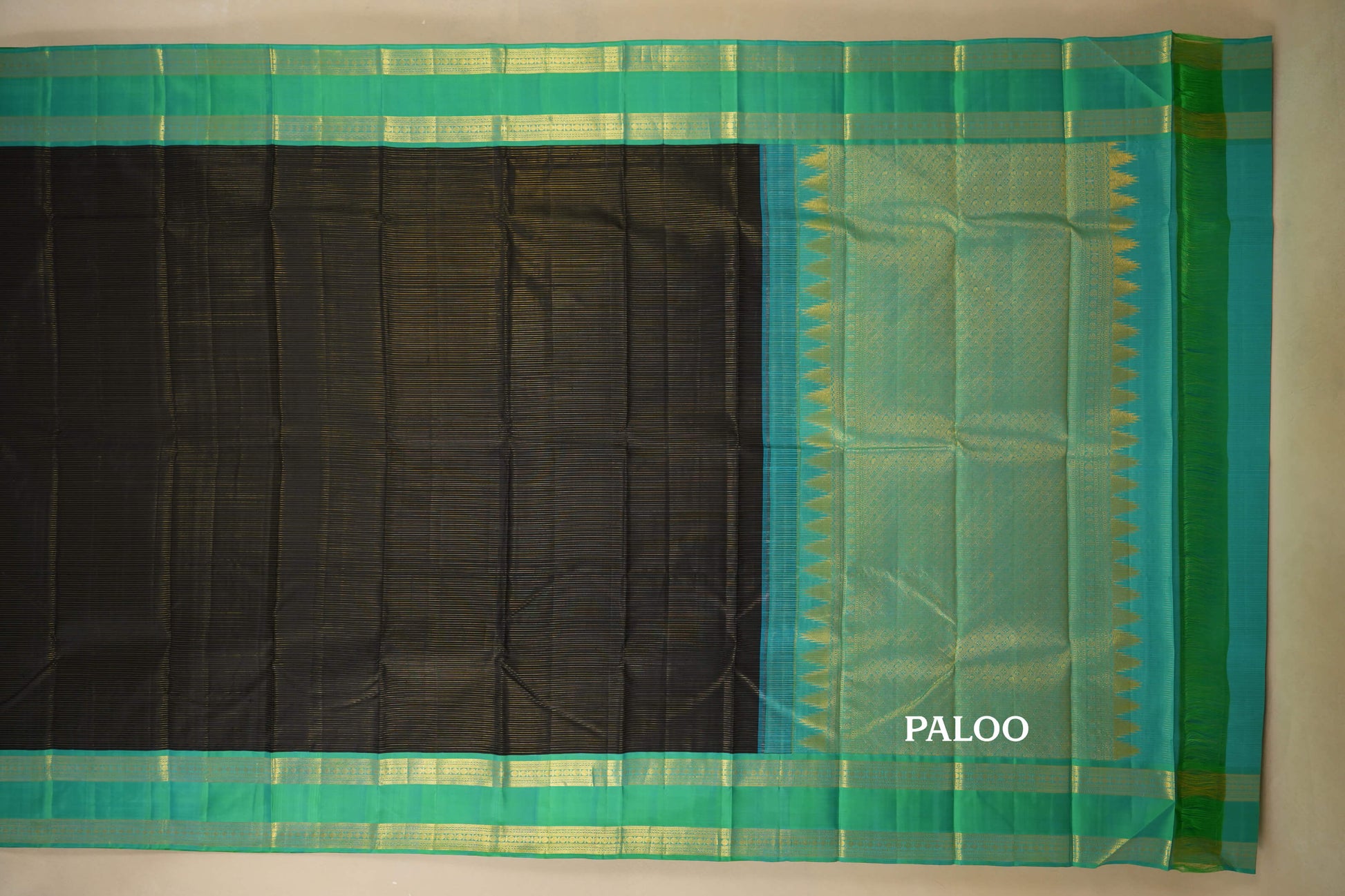 Black with Rexona Green Borders Vintage Kanjivaram Silk Saree by Shreenivas Silks PSSR018059 - Parisera