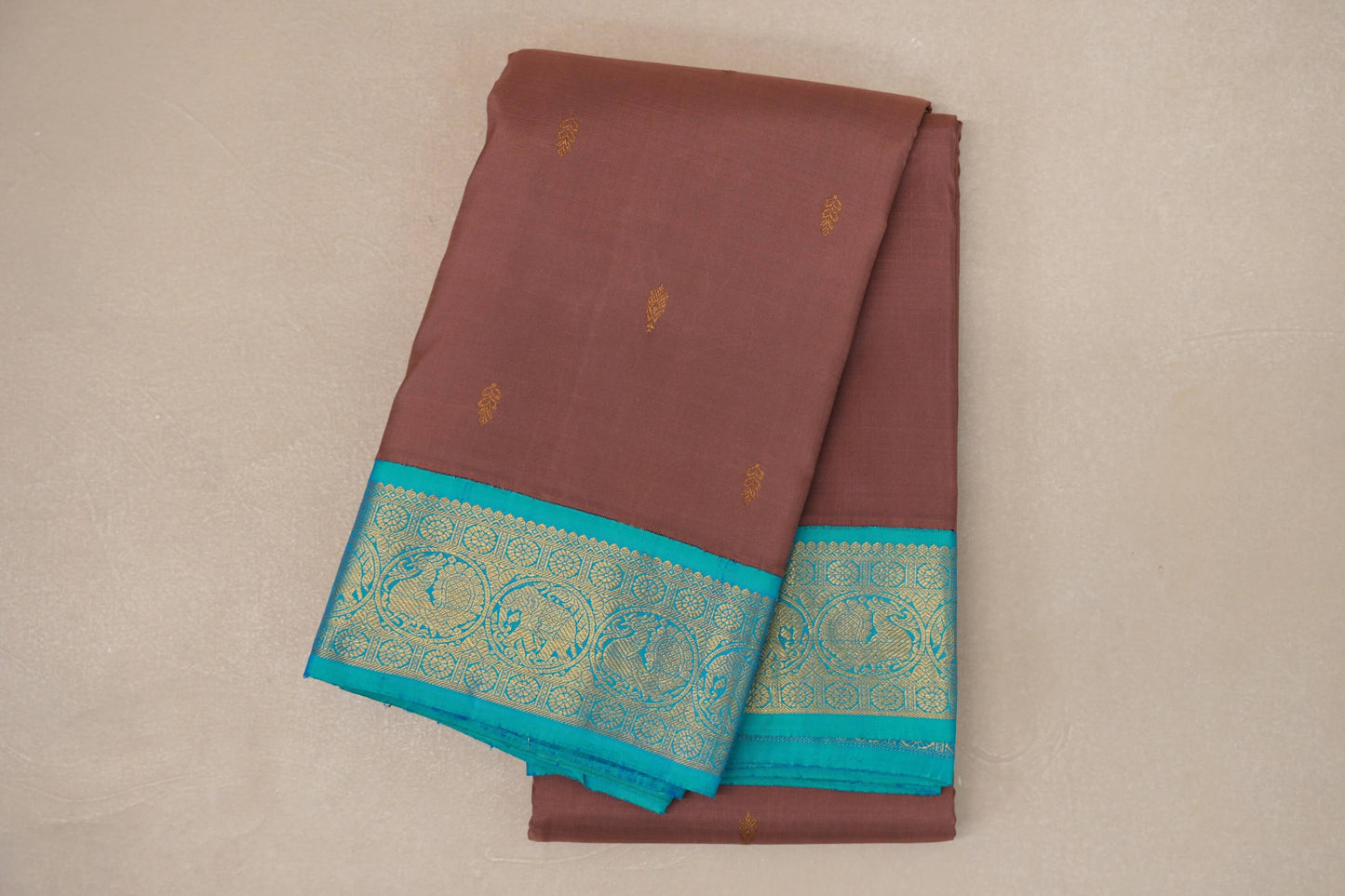 Earthy Brown with Aqua Blue Borders Vintage Kanjivaram Silk Saree by Shreenivas Silks PSSR019080