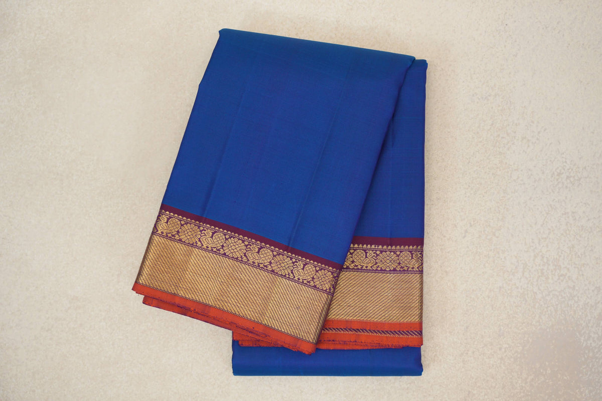 Deep Classic Blue with Deep Magenta Borders with Bright Orange Selvedge Vintage Kanjivaram Silk Saree by Shreenivas Silks PSSR0110209
