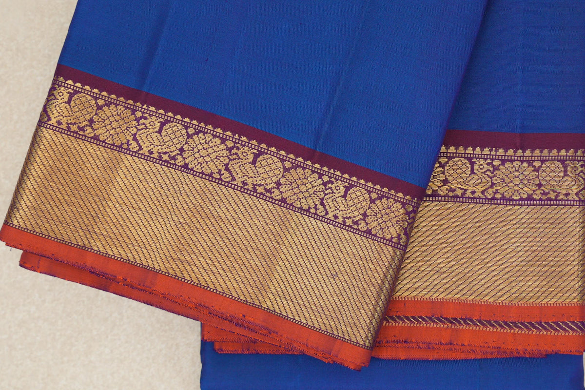 Deep Classic Blue with Deep Magenta Borders with Bright Orange Selvedge Vintage Kanjivaram Silk Saree by Shreenivas Silks PSSR0110209
